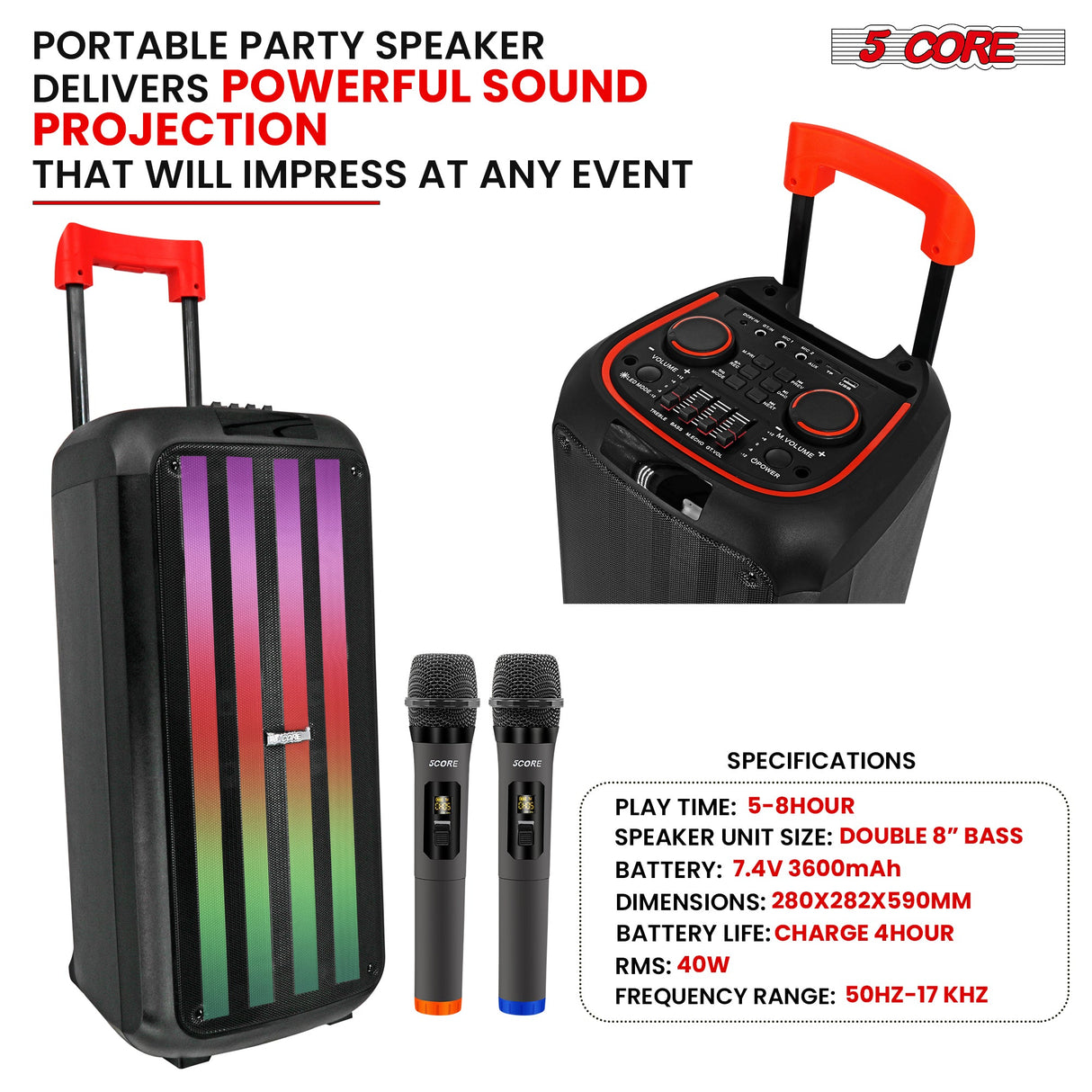 5Core Bluetooth Party Speaker 8 inch PA RGB Partybox Karaoke Machine + 2 Wireless Mic