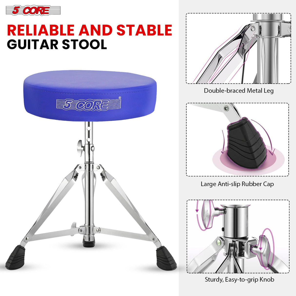 5Core Drum Throne Padded Adjustable Guitar Stool Drummer Seat for Adults & Kids BLUE