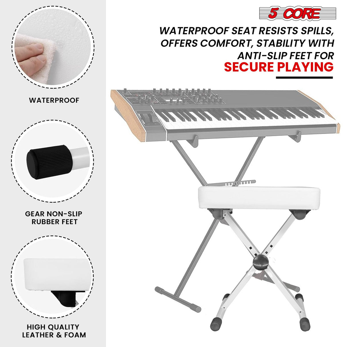 5Core Keyboard Stand Adjustable z Style Piano Riser + Keyboard Piano Bench ALL White