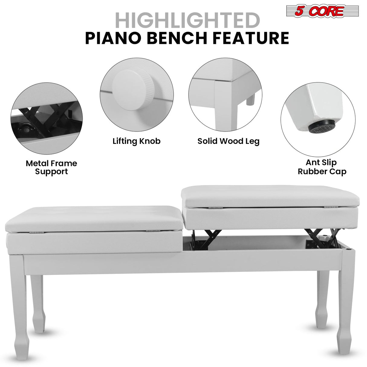 5CORE Duet Piano Bench w Storage For Two Wooden Adjustable Keyboard Stool - Adults & Kids