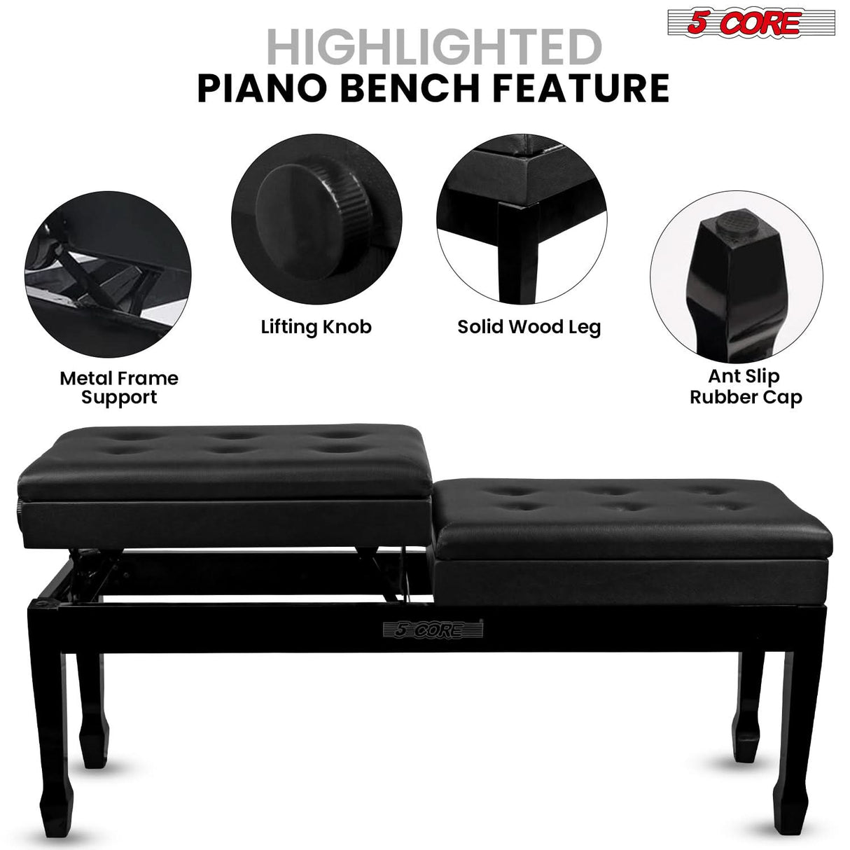 5CORE Duet Piano Bench w Storage For Two Wooden Adjustable Keyboard Stool - Adults & Kids