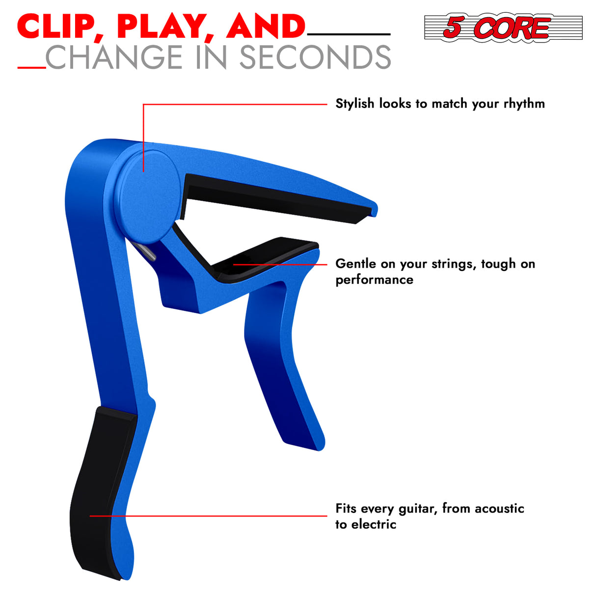 5Core Capo Acoustic Electric Guitar 6 String Kapo Clip For Banjo Mandolin Ukulele BLUE