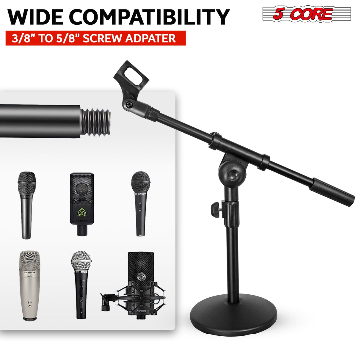 5Core Round Base Desktop Mic Stand Universal Desk Microphone Holder Table Top Stands BLACK