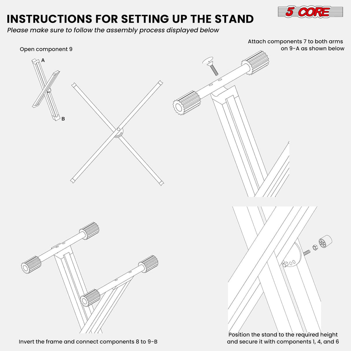 5Core Keyboard Stand Double X Style Adjustable Lift Piano Riser For 49 To 88 Keys BLACK