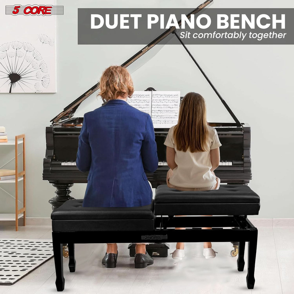 5CORE Duet Piano Bench w Storage For Two Wooden Adjustable Keyboard Stool - Adults & Kids