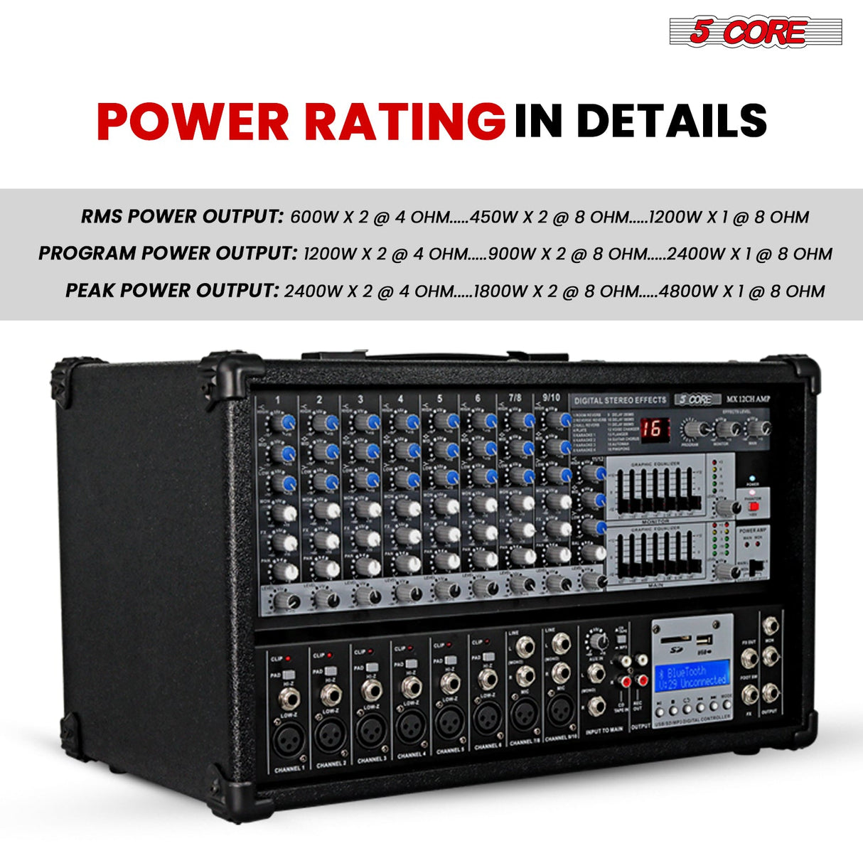 5Core Audio Mixer 4800W Powered 12 Channel 240V Mixer System USB MP3 Bluetooth SD readers Digital LCD Display