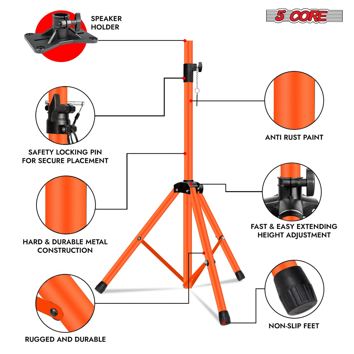 5Core Speaker Stand Tripod Tall Adjustable 72 Inch DJ Pole Mount Studio Monitor Stands ORANGE