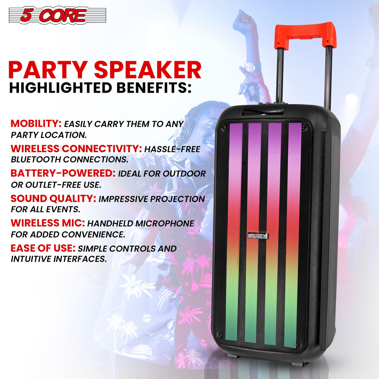 5Core Bluetooth Party Speaker 8 inch PA RGB Partybox Karaoke Machine + 2 Wireless Mic