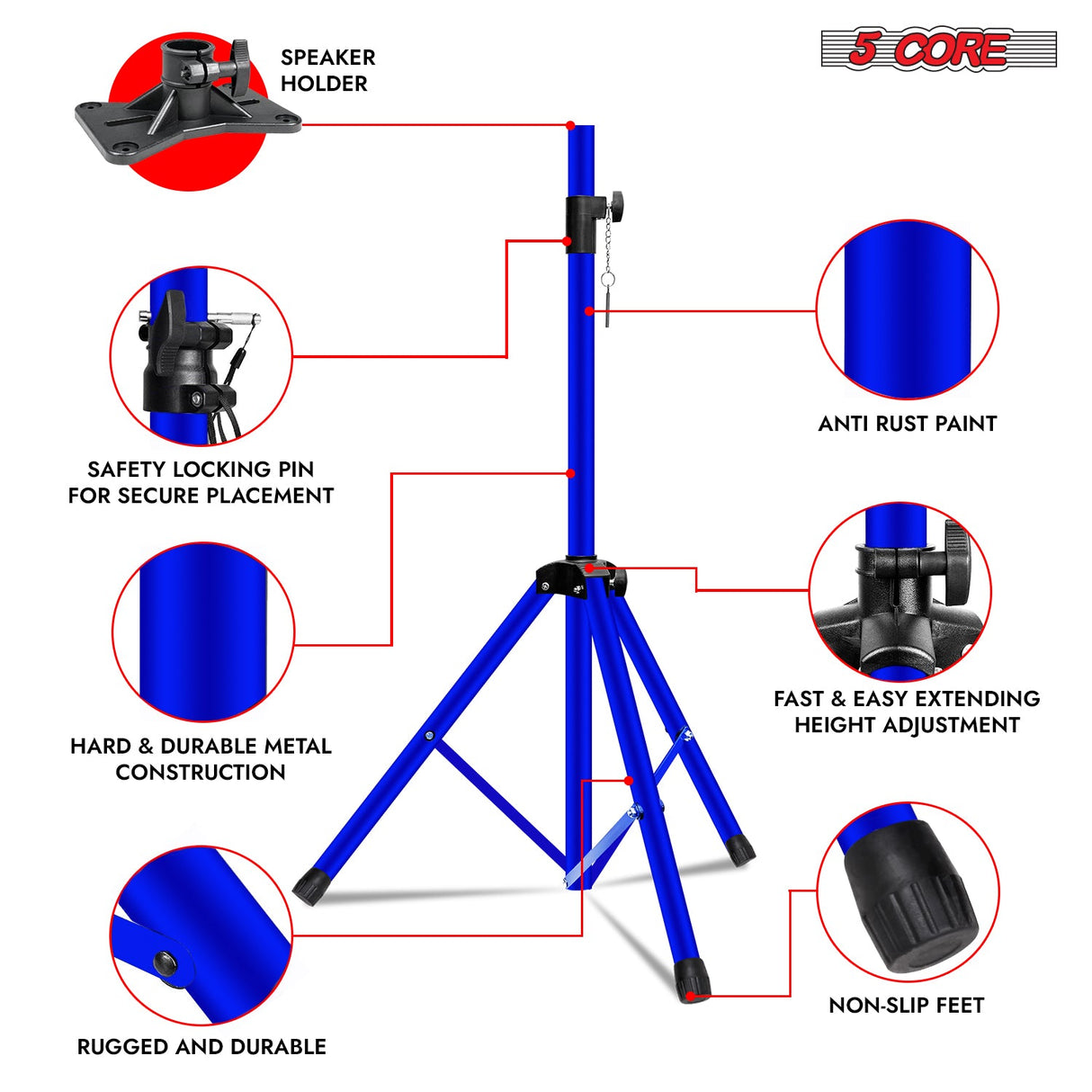 5Core Speaker Stand Tripod Tall Adjustable 72 Inch DJ Pole Mount Studio Monitor Stands BLUE