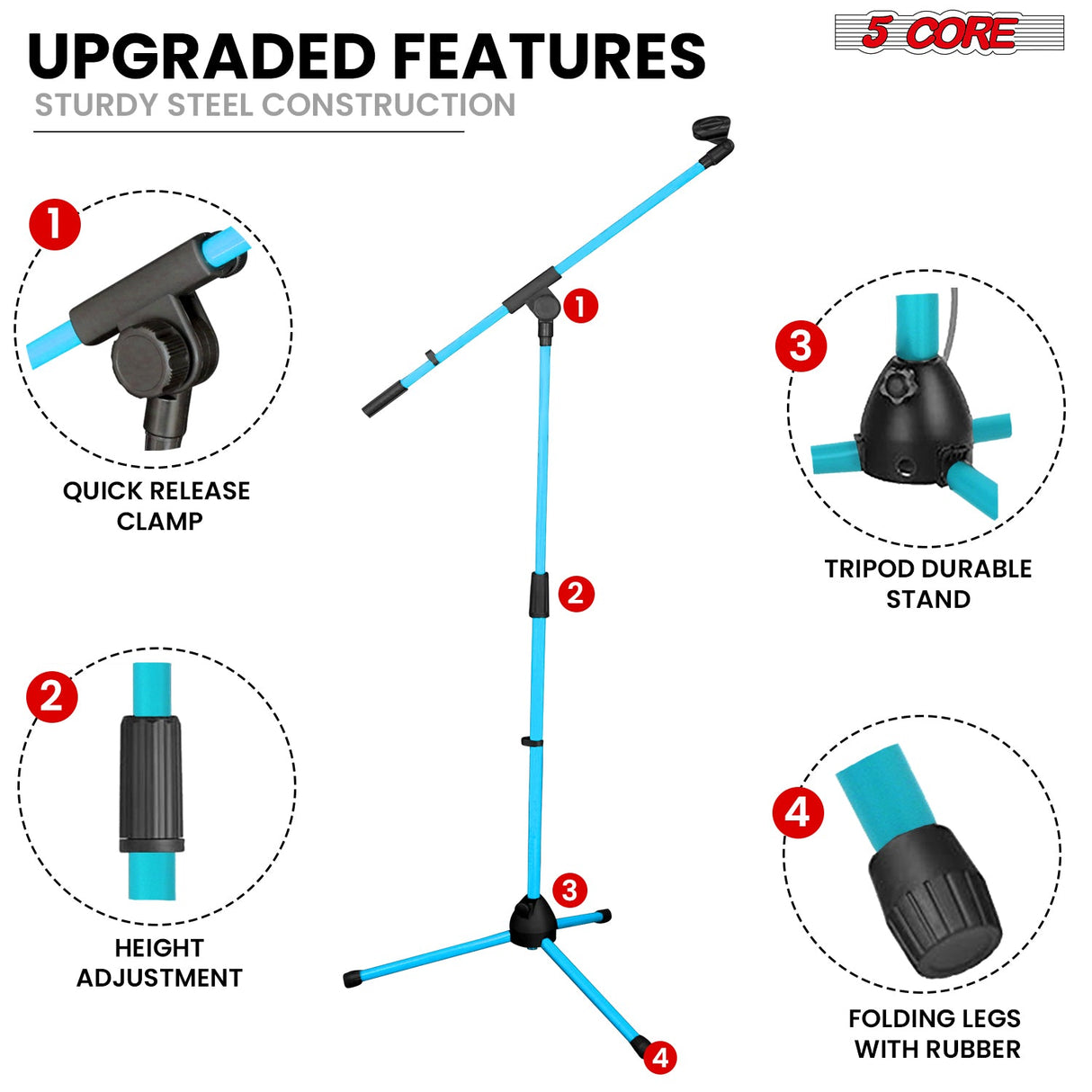 5Core Tripod Mic Stand Heavy Duty Adjustable Holder Floor Microphone Boom Arm SKY BLUE