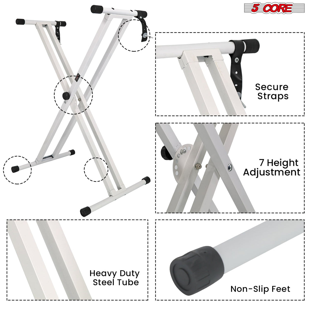 5Core Keyboard Stand Double X Style Adjustable Piano Riser + Keyboard Piano Bench WHITE