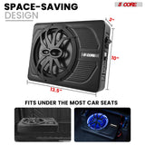 5CORE 10 inch Slim Under Seat Car Audio Subwoofer 800W Peak 150W RMS Active Powered Under-Seat Built in Amplifier Truck Sub Woofer in Enclosure Box Blue Ambient LED Light + Wiring Kit & Remote Control