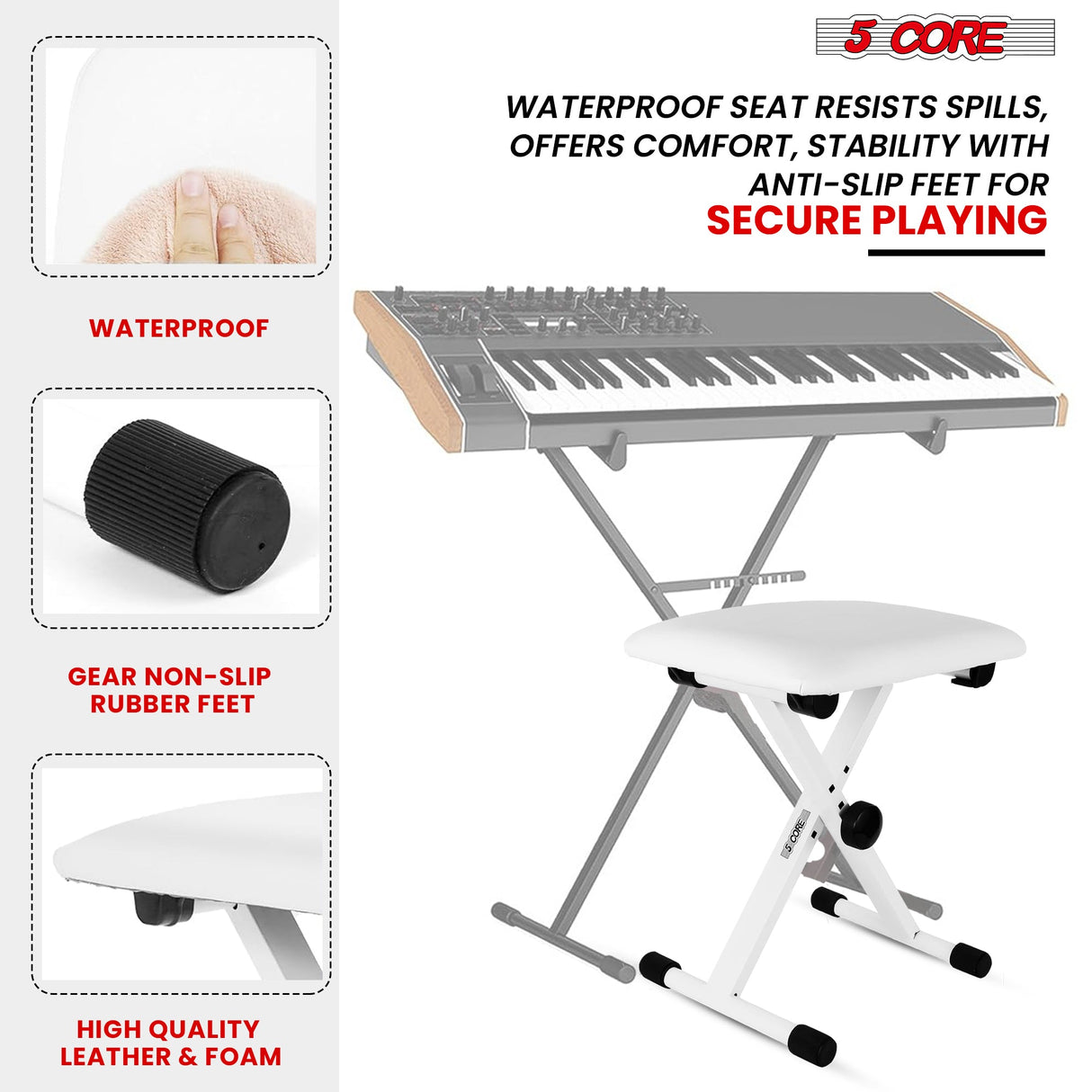 5 Core Keyboard Bench X Style Piano Stool Padded Adjustable Keyboards Chair White