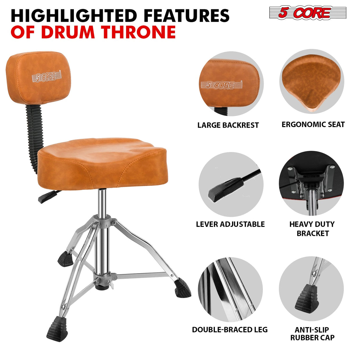 5Core Drum Throne Padded Guitar Stool Backrest Drummer Seat for Adults And Kids BROWN