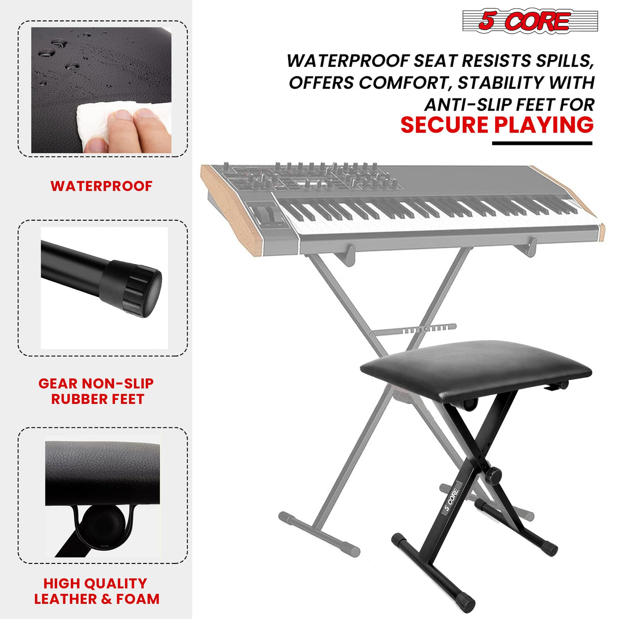 5Core Keyboard Stand Adjustable z Style Piano Riser BLACK + Keyboard Piano Bench BLACK