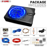 5CORE 10 inch Slim Under Seat Car Audio Subwoofer 800W Peak 150W RMS Active Powered Under-Seat Built in Amplifier Truck Sub Woofer in Enclosure Box Blue Ambient LED Light + Wiring Kit & Remote Control