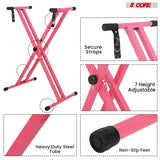 5Core Keyboard Stand Double X Style Adjustable Piano Riser + Keyboard Piano Bench PINK