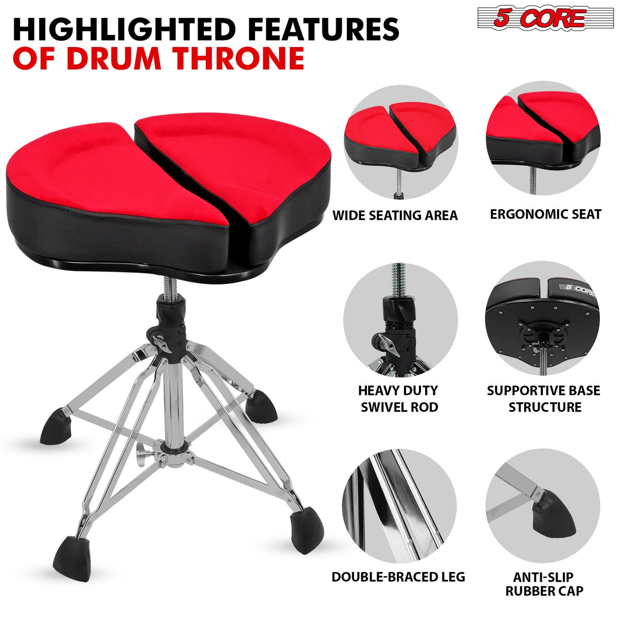 5Core Drum Throne Sponge Padded Guitar Stool Drummer Seat for Adults & Kids