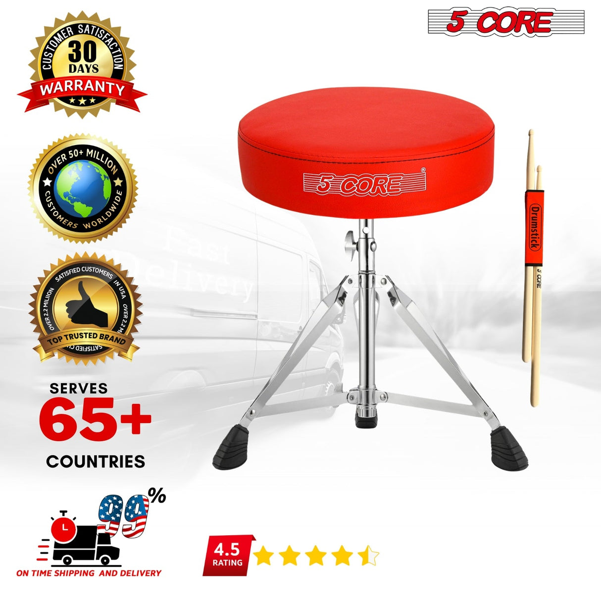 5Core Drum Throne Padded Adjustable Guitar Stool Drummer Seat for Adults & Kids RED