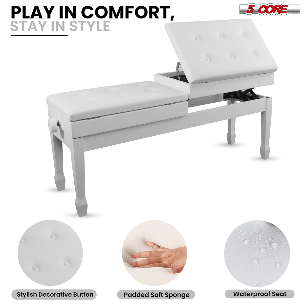 5CORE Duet Piano Bench w Storage For Two Wooden Adjustable Keyboard Stool - Adults & Kids