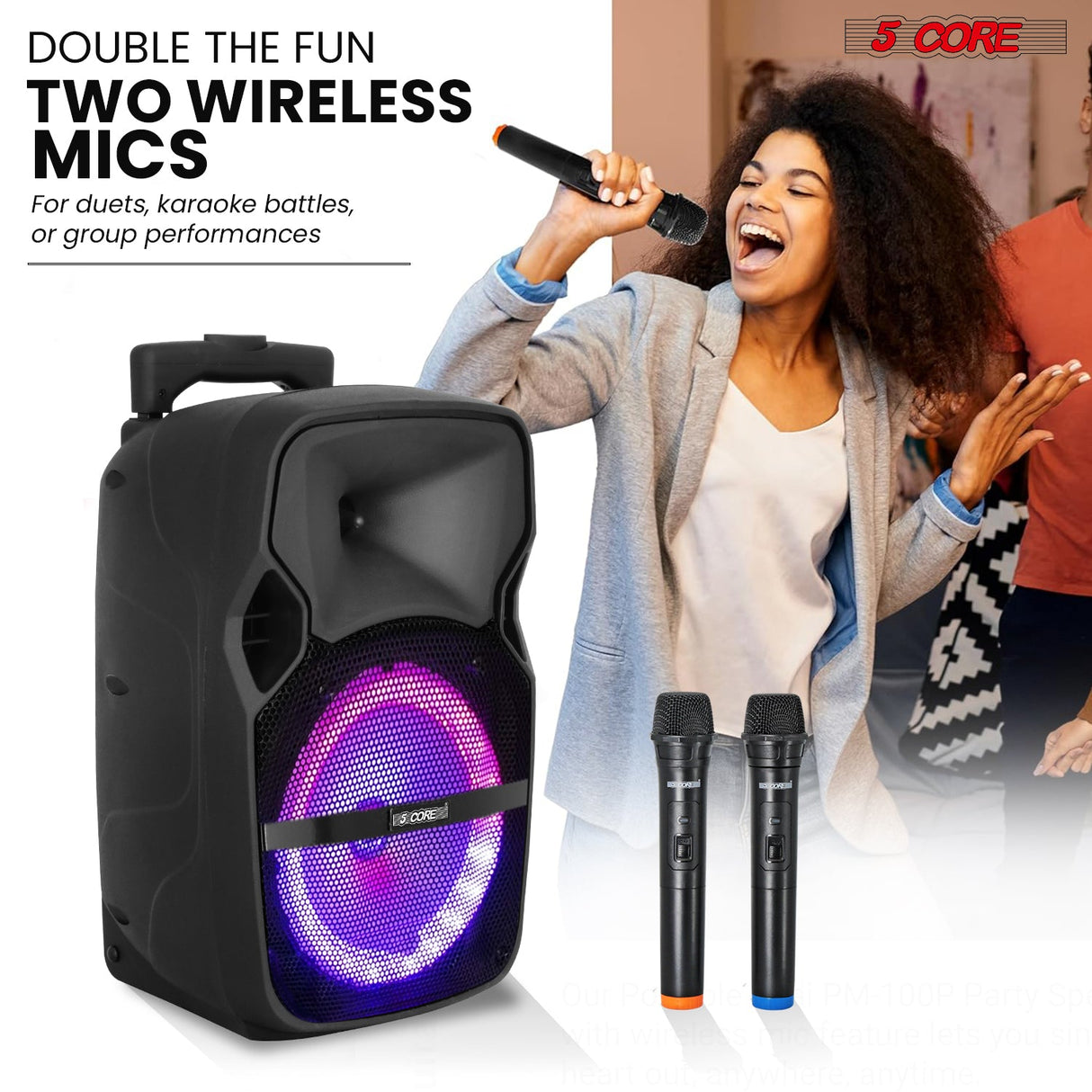 5 CORE TWS Pair Bluetooth Party Speakers Portable Karaoke PA System Rechargeable Loud Speaker + 2X Tripod Stand 4X Wireless Mics LED Light Active Home 8 2-MIC 2PCS