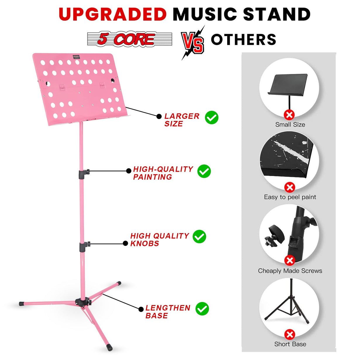 5Core Music Stand For Sheet Music Portable Tripod Adjustable Folding Note Holder PINK