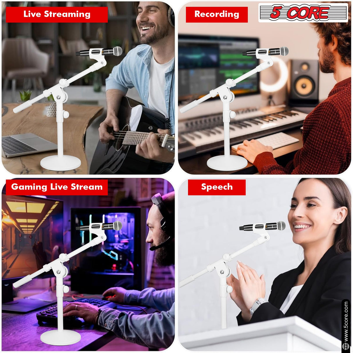 5Core Round Base Desktop Mic Stand Universal Desk Microphone Holder Table Top Stands White