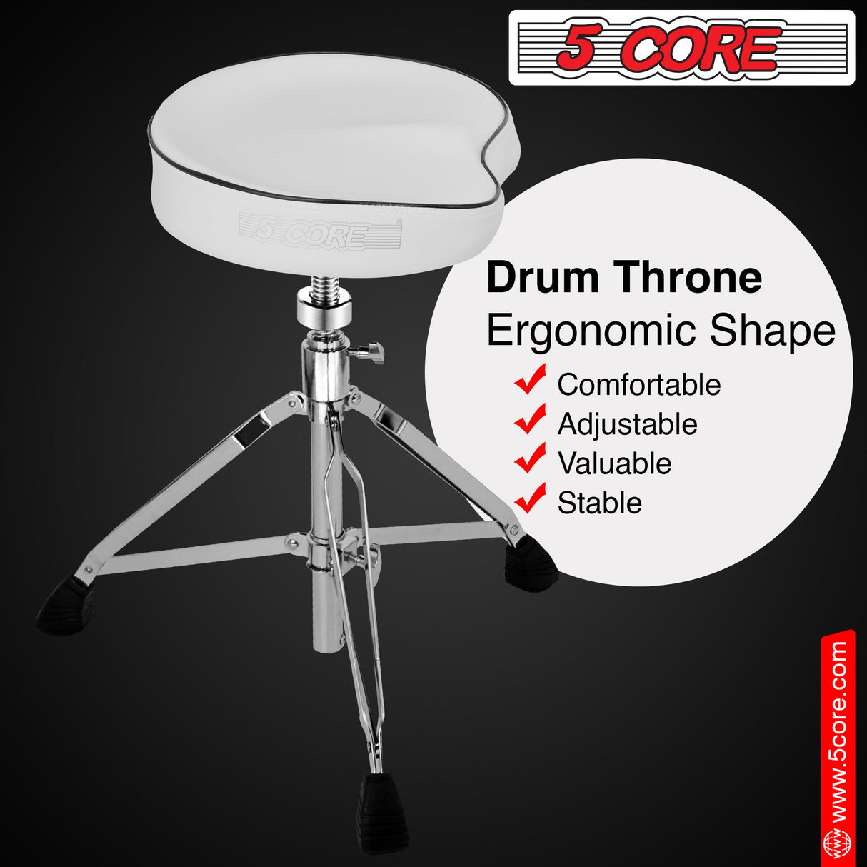 5Core Drum Throne Padded Guitar Stool Saddle Drummer Seat for Adults & Kids WHITE