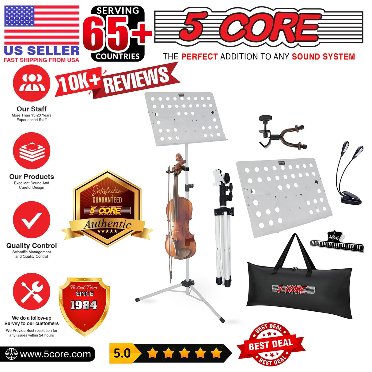 5Core Music Stand For Sheet Music Portable Tripod Adjustable Folding Note Holder White