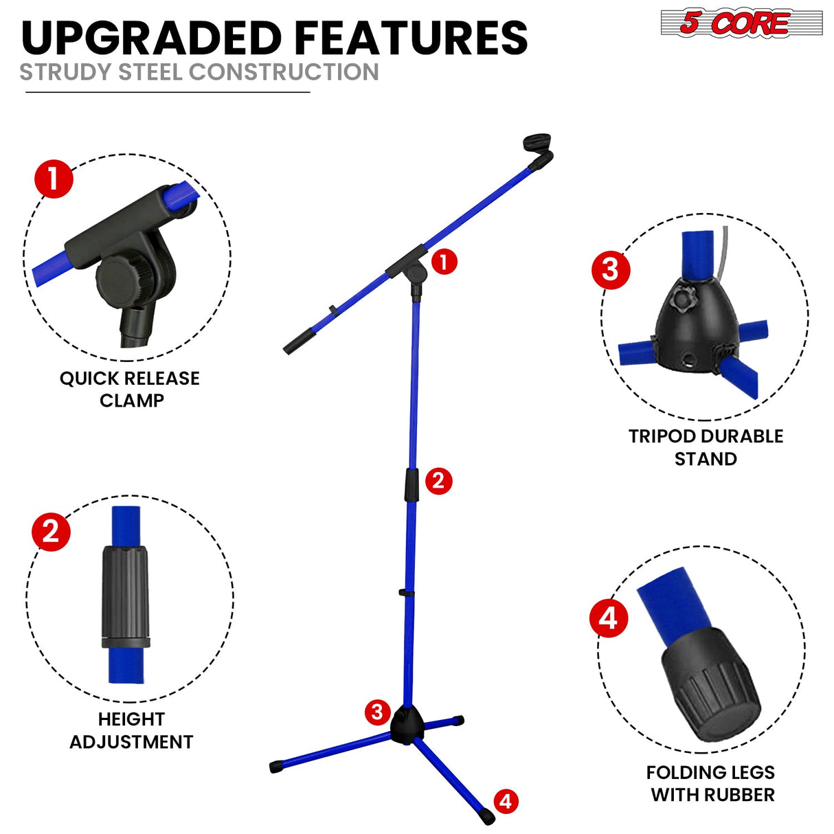 5Core Tripod Mic Stand Heavy Duty Adjustable Holder Floor Microphone Boom Arm DARK BLUE