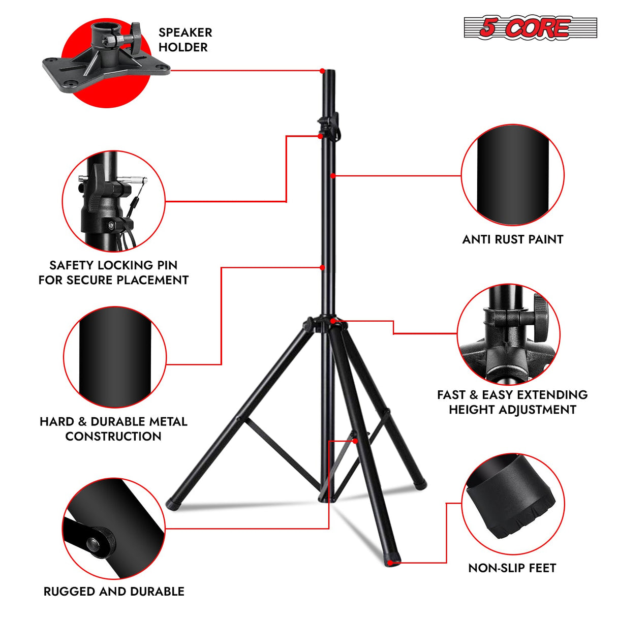 5Core Speaker Stand Tripod Tall Adjustable 72 Inch DJ Pole Mount Studio Monitor Stands BLACK