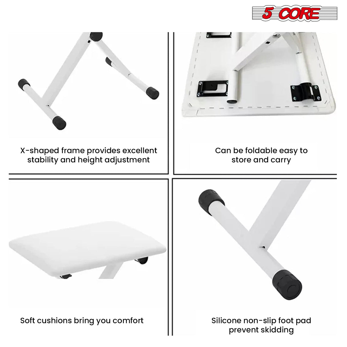 5 Core Keyboard Bench X Style Piano Stool Padded Adjustable Keyboards Chair White