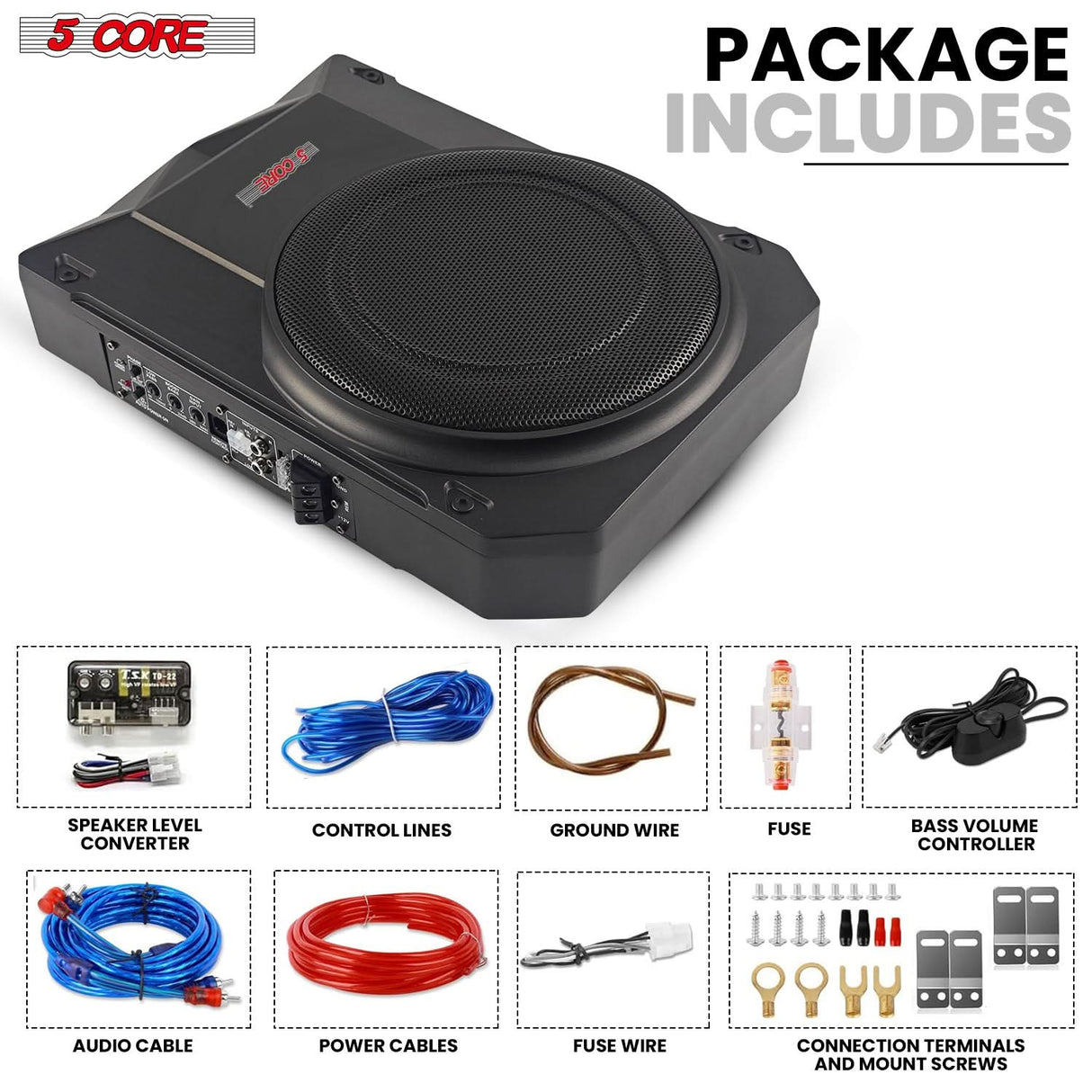 5 CORE 10 inch Slim Under Seat Car Audio Subwoofer 800W Active Powered Under-Seat Built in Amplifier Truck Sub Woofer in Enclosure Box + Wiring Kit & Remote Control BTUBE UNDR ST 150