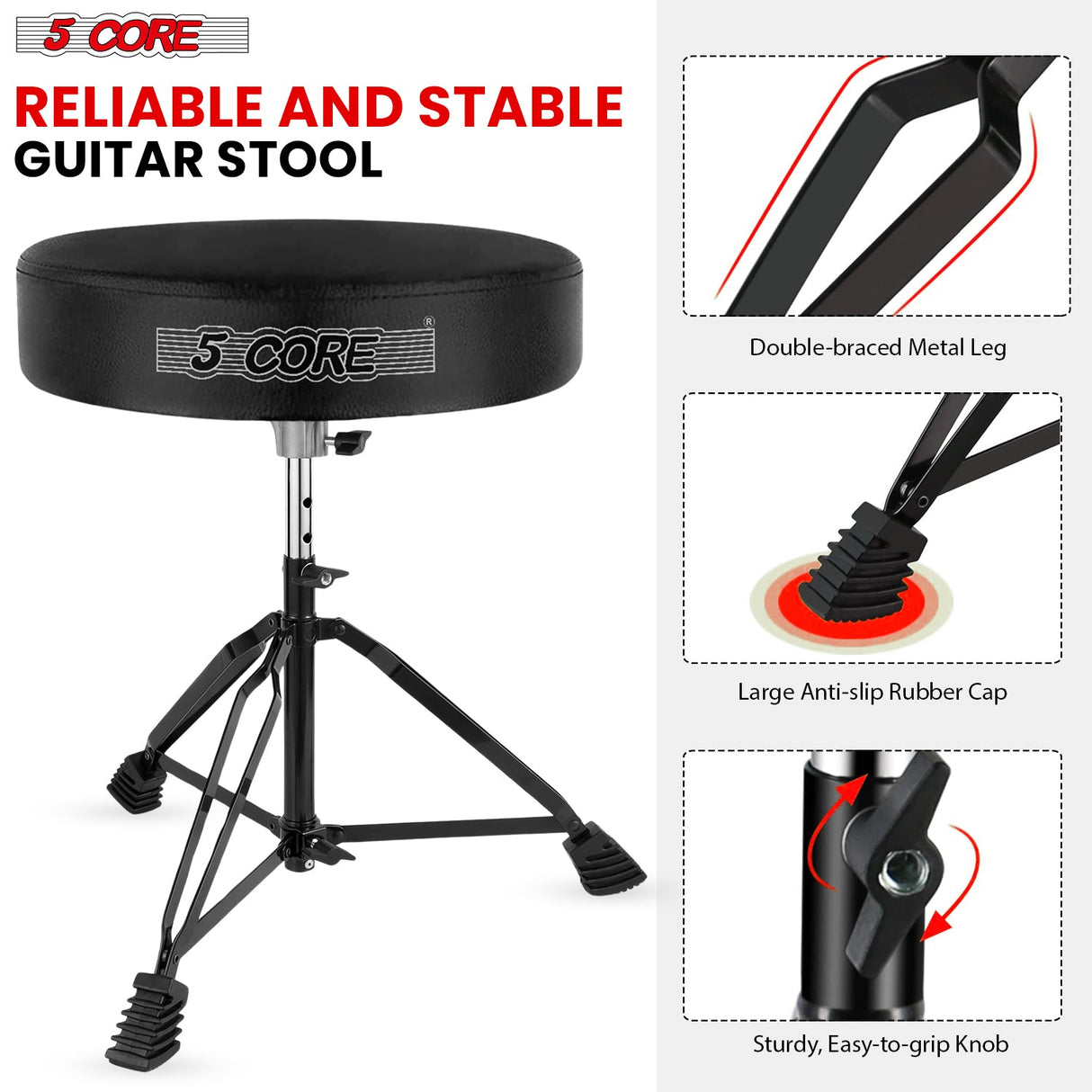 5Core Drum Throne Padded Guitar Stool Adjustable Drummer Seat for Adults & Kids BLACK