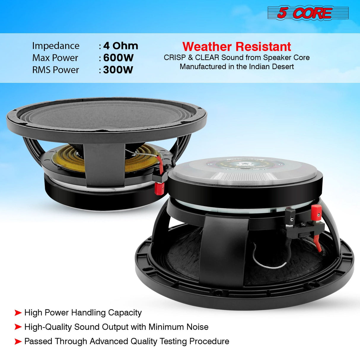 5 CORE 10 Inch Subwoofer Speaker 600W Max 4 Ohm Full Range Replacement DJ Bass Loudspeaker