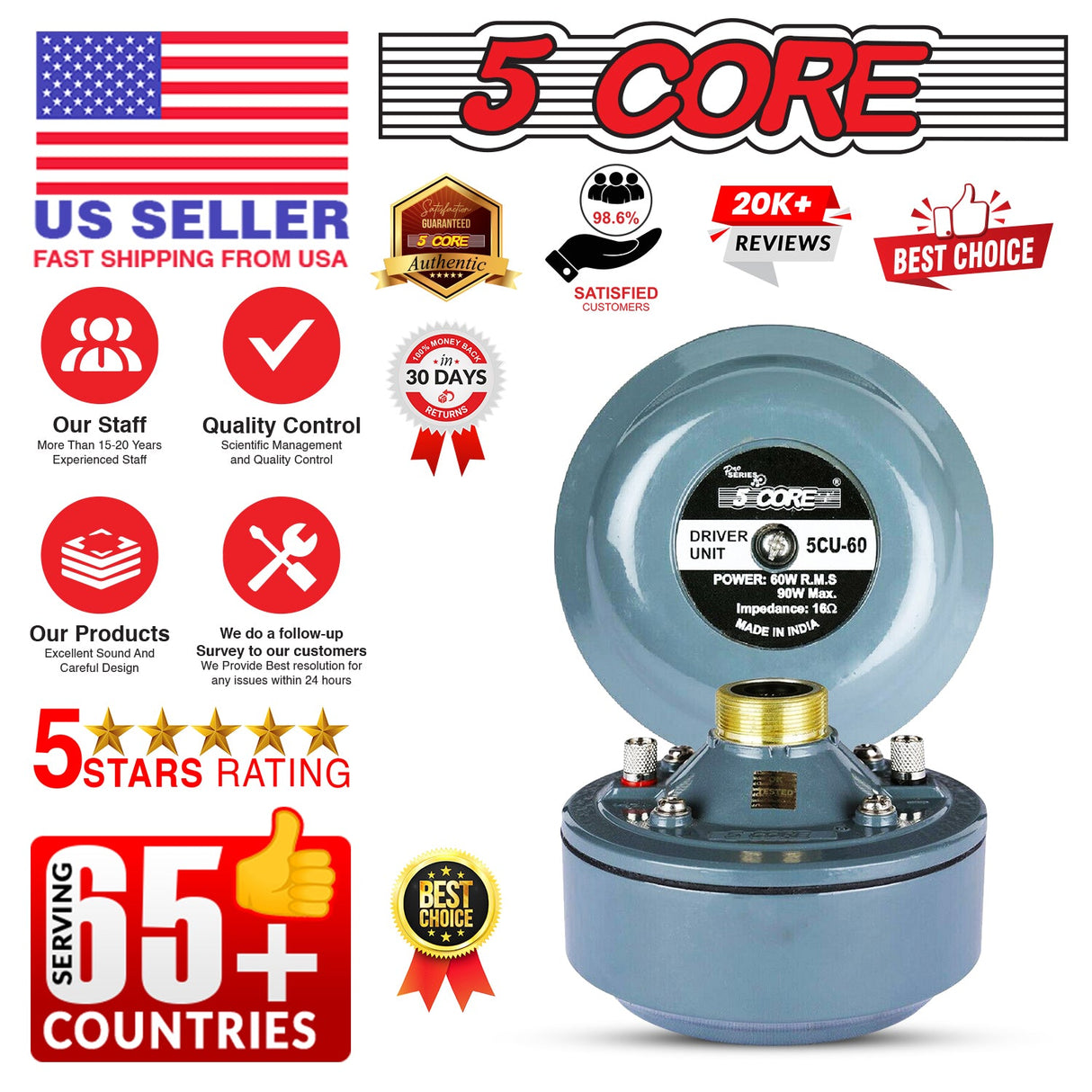 5 Core Compression Driver 600W Peak Aluminium Tweeter Diaphragm 16 Ohm Throat Twist Horn Speaker