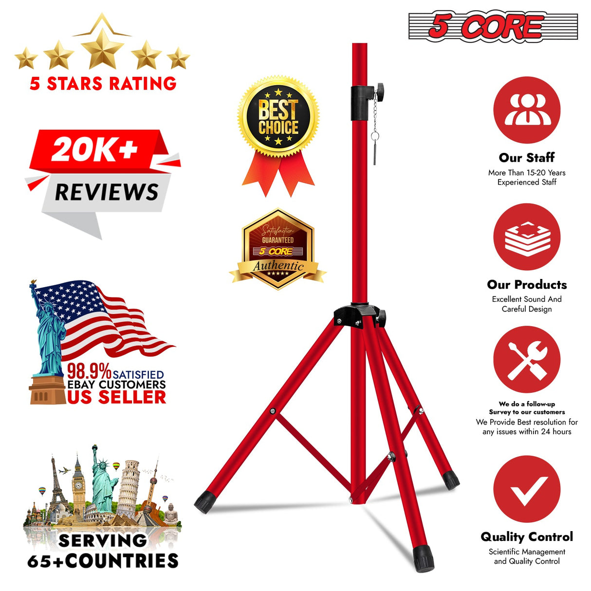 5Core Speaker Stand Tripod Tall Adjustable 72 Inch DJ Pole Mount Studio Monitor Stands RED