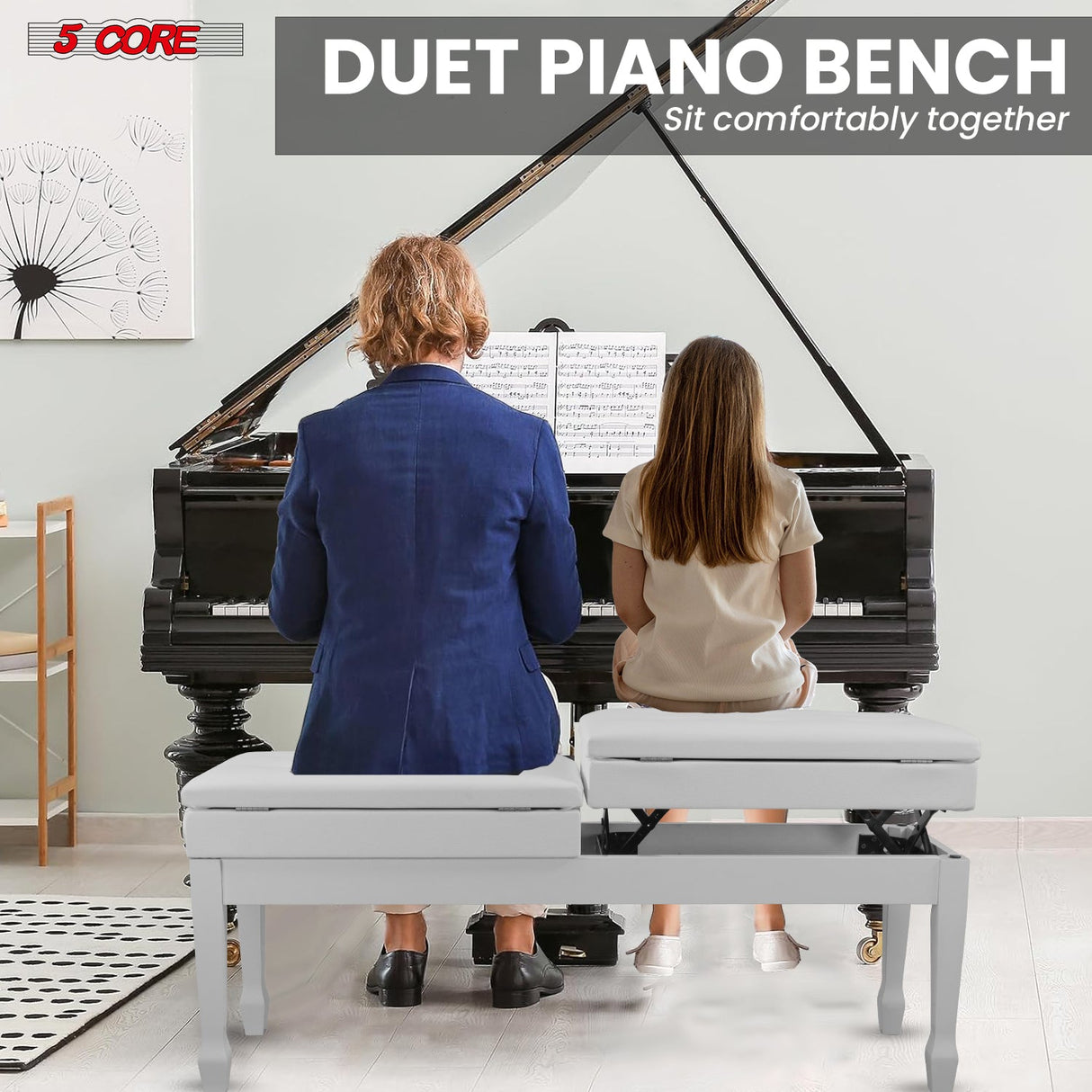 5CORE Duet Piano Bench w Storage For Two Wooden Adjustable Keyboard Stool - Adults & Kids