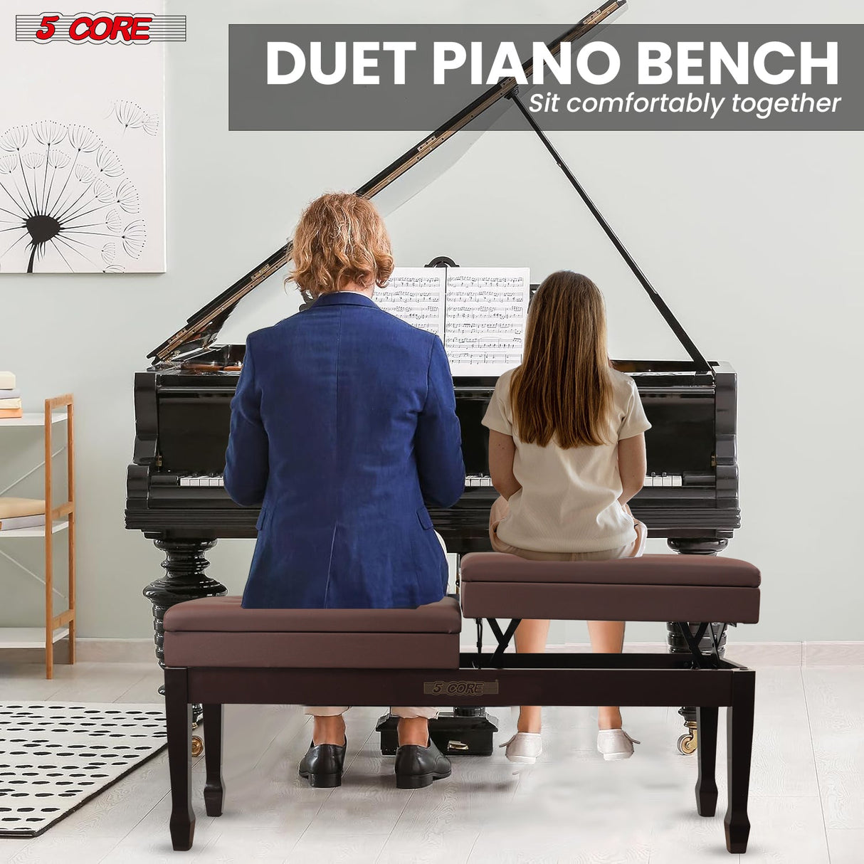 5CORE Duet Piano Bench w Storage For Two Wooden Adjustable Keyboard Stool - Adults & Kids