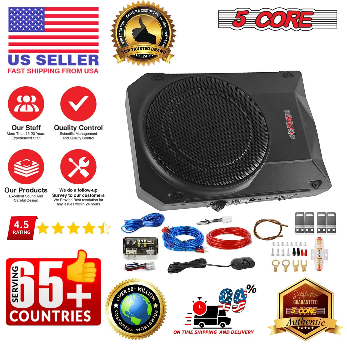 5 CORE 10 inch Slim Under Seat Car Audio Subwoofer 800W Active Powered Under-Seat Built in Amplifier Truck Sub Woofer in Enclosure Box + Wiring Kit & Remote Control BTUBE UNDR ST 150