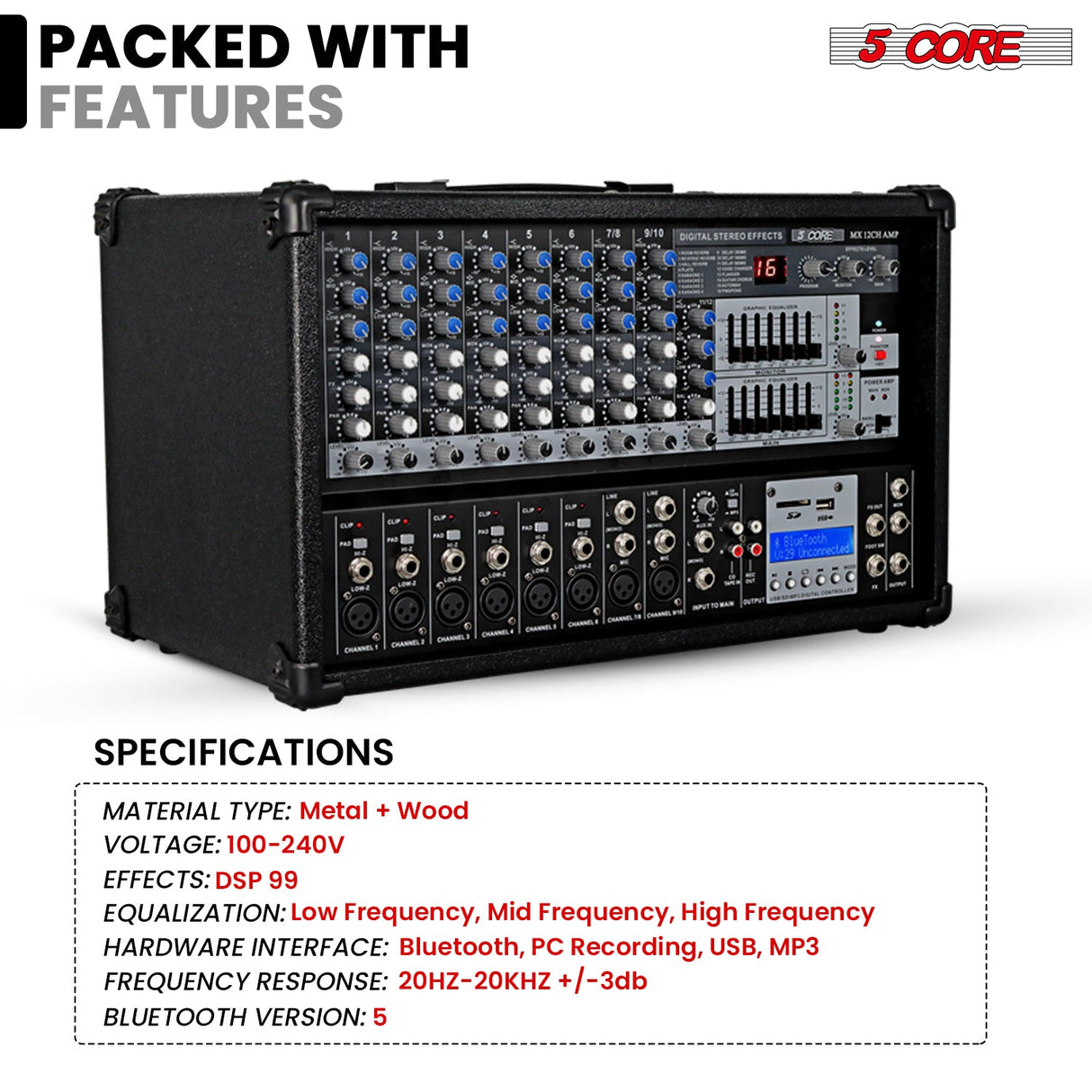 5Core Audio Mixer 4800W Powered 12 Channel 240V Mixer System USB MP3 Bluetooth SD readers Digital LCD Display