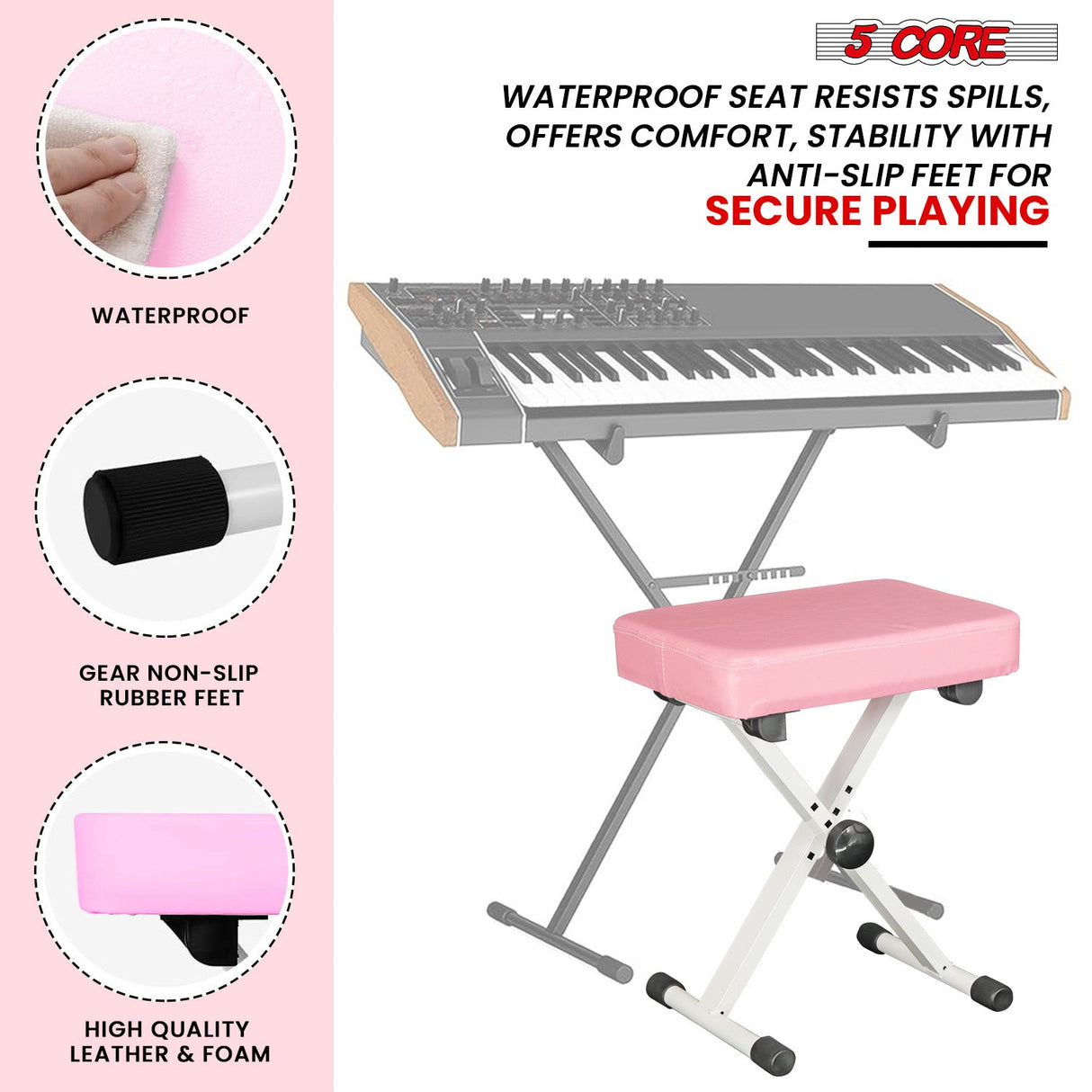 5Core Keyboard Stand Double X Style Adjustable Piano Riser + Keyboard Piano Bench PINK