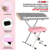 5Core Keyboard Stand Double X Style Adjustable Piano Riser + Keyboard Piano Bench PINK