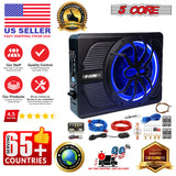 5CORE 10 inch Slim Under Seat Car Audio Subwoofer 800W Peak 150W RMS Active Powered Under-Seat Built in Amplifier Truck Sub Woofer in Enclosure Box Blue Ambient LED Light + Wiring Kit & Remote Control