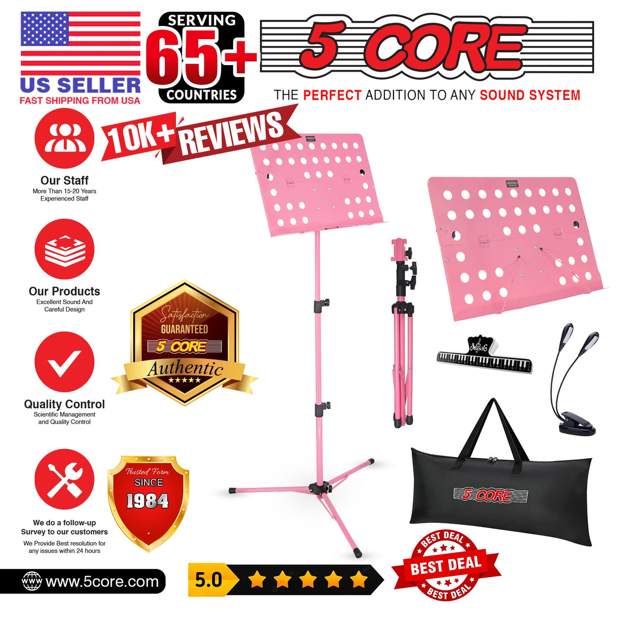 5Core Music Stand For Sheet Music Portable Tripod Adjustable Folding Note Holder PINK