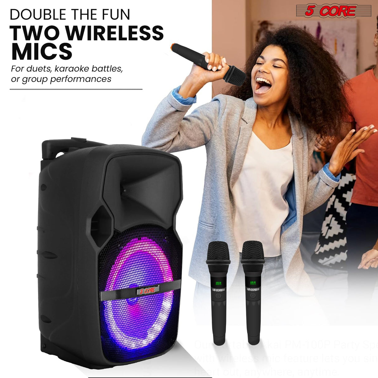 5Core 10 inch PA Portable Bluetooth Party Speaker Karaoke Boombox + 2 Wireless Mics