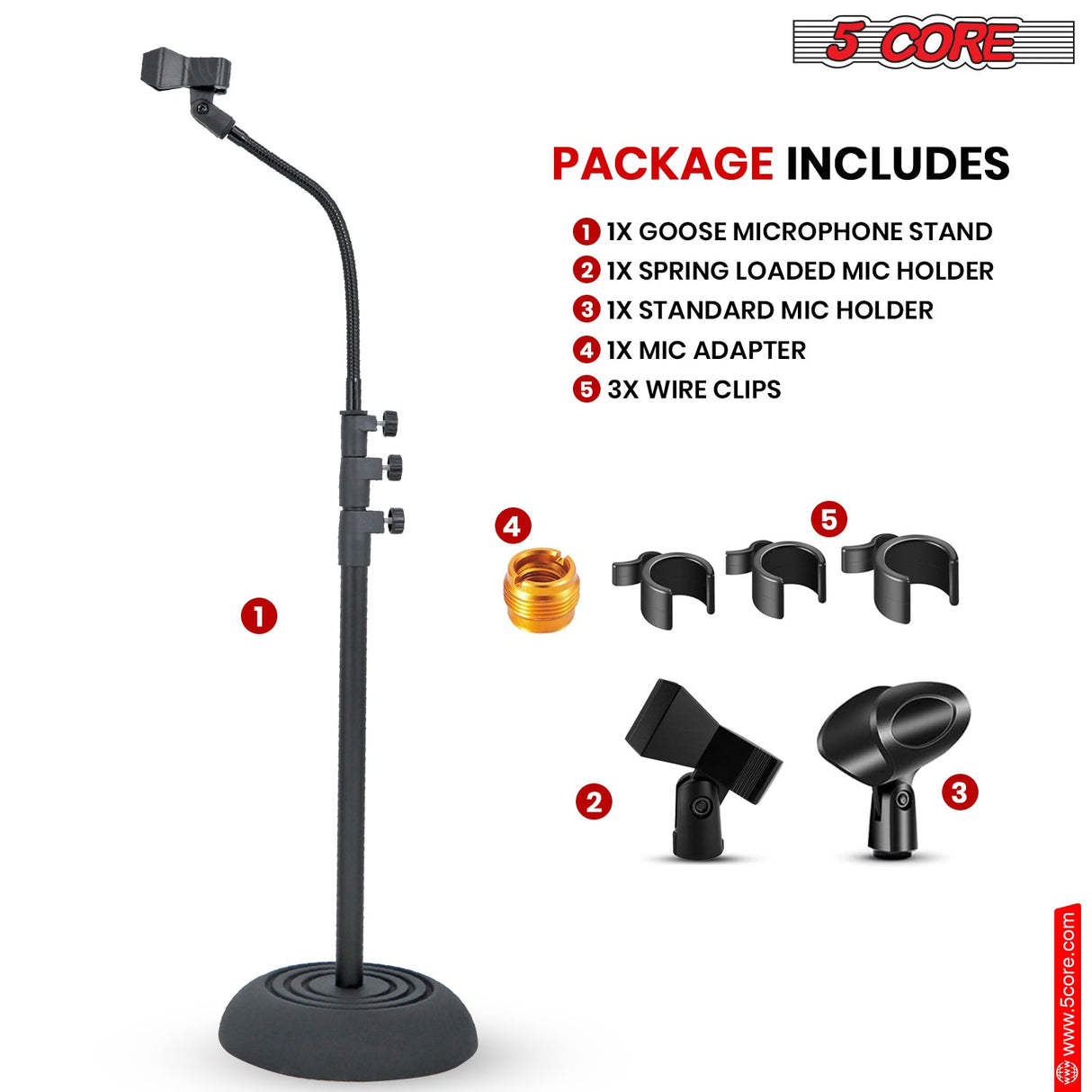 5Core Mic Stand Floor Adjustable Universal Heavy Duty Gooseneck Microphone Stands Round Base Soporte De micrófono