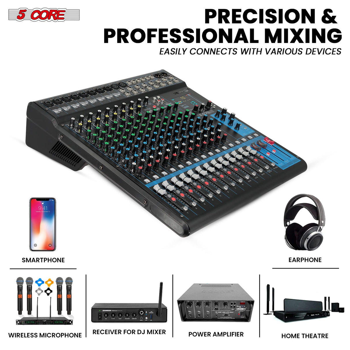 5Core Audio DJ Mixer 16 Channel Sound Board Console w 24 SPX Effect 48V Phantom Power