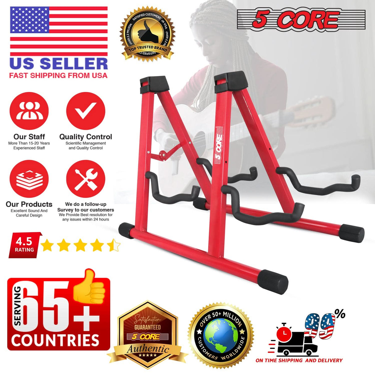 5Core Double Guitar Stand Floor Adjustable A Frame Folding Acoustic Electric Guitars Holder Stands