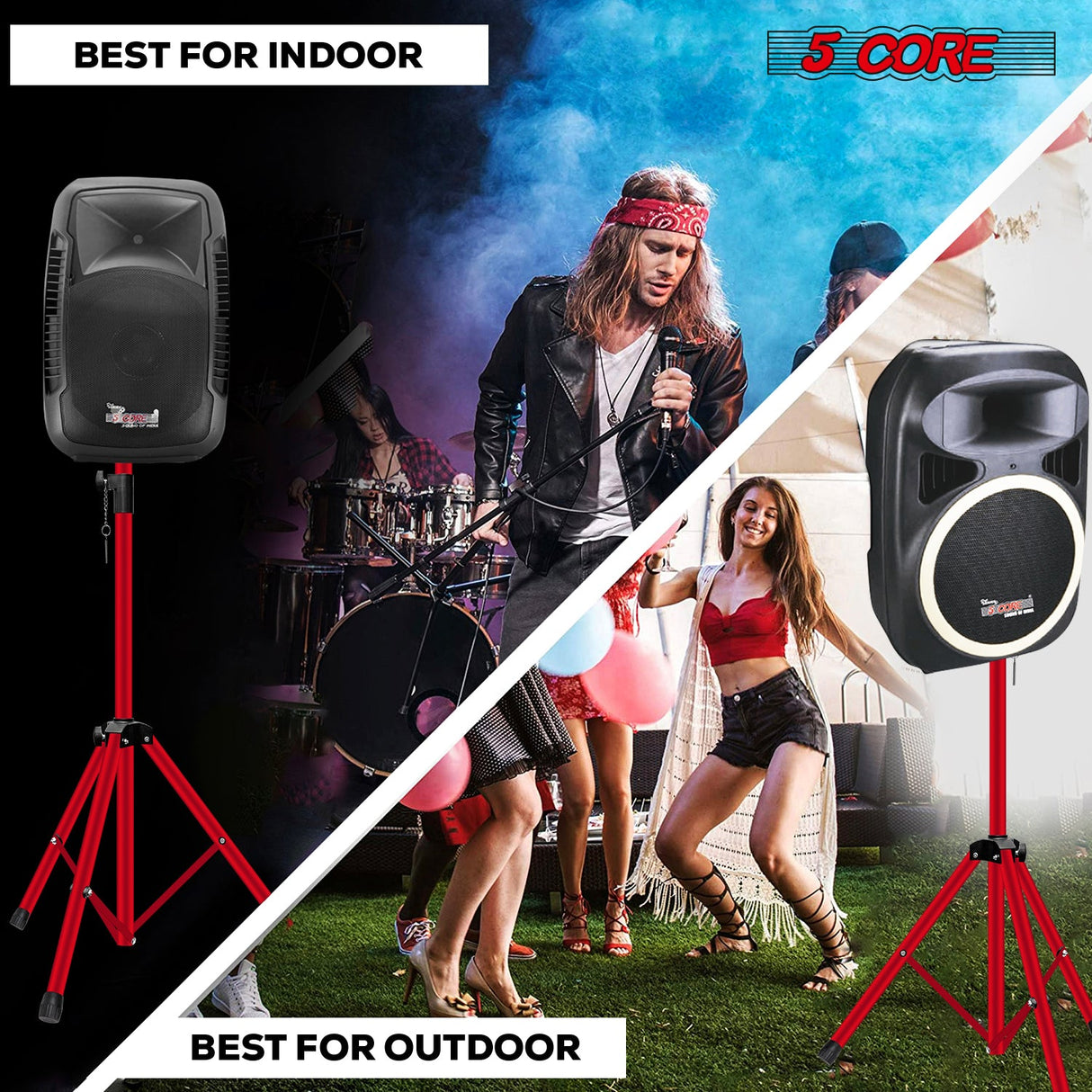 5Core Speaker Stand Tripod Tall Adjustable 72 Inch DJ Pole Mount Studio Monitor Stands RED